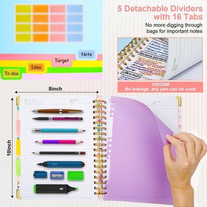 Spiral Journal Notebooks for Work, 300 Pages 5 Subject Notebook College Ruled with Dividers & Tabs, Notebook Journal for Women Students Note-Taking and Organizer (Beige Bloom, B5(8"x10"))
