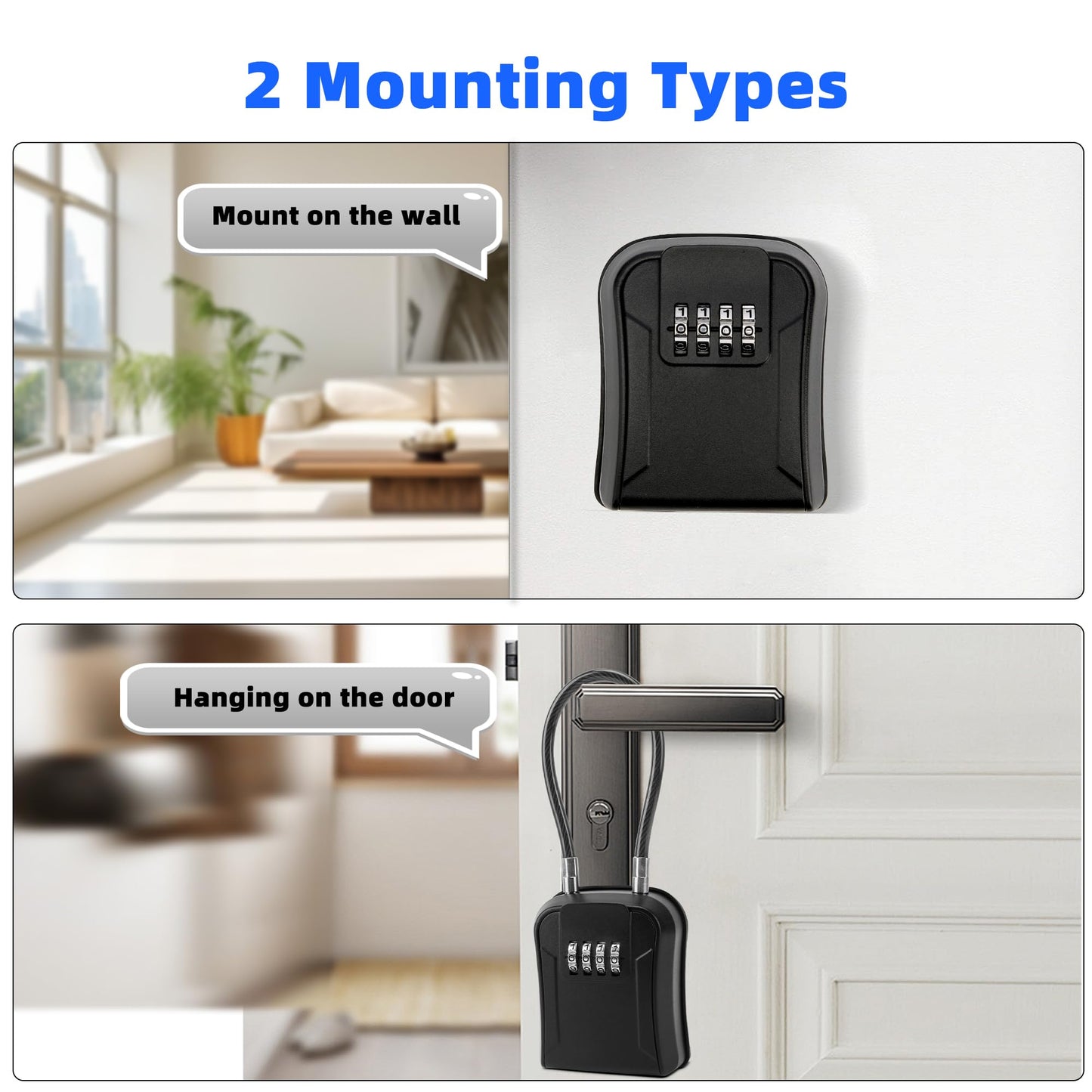 AMMIY Key Lock Box,Portable Waterproof Lockbox with Removable Shackl, Wall-Mounted Key Storage Box, 4-Digit Combination Key Storage Lockbox for Home,Office,Garage, Airbnb,Apartment (BLACK)