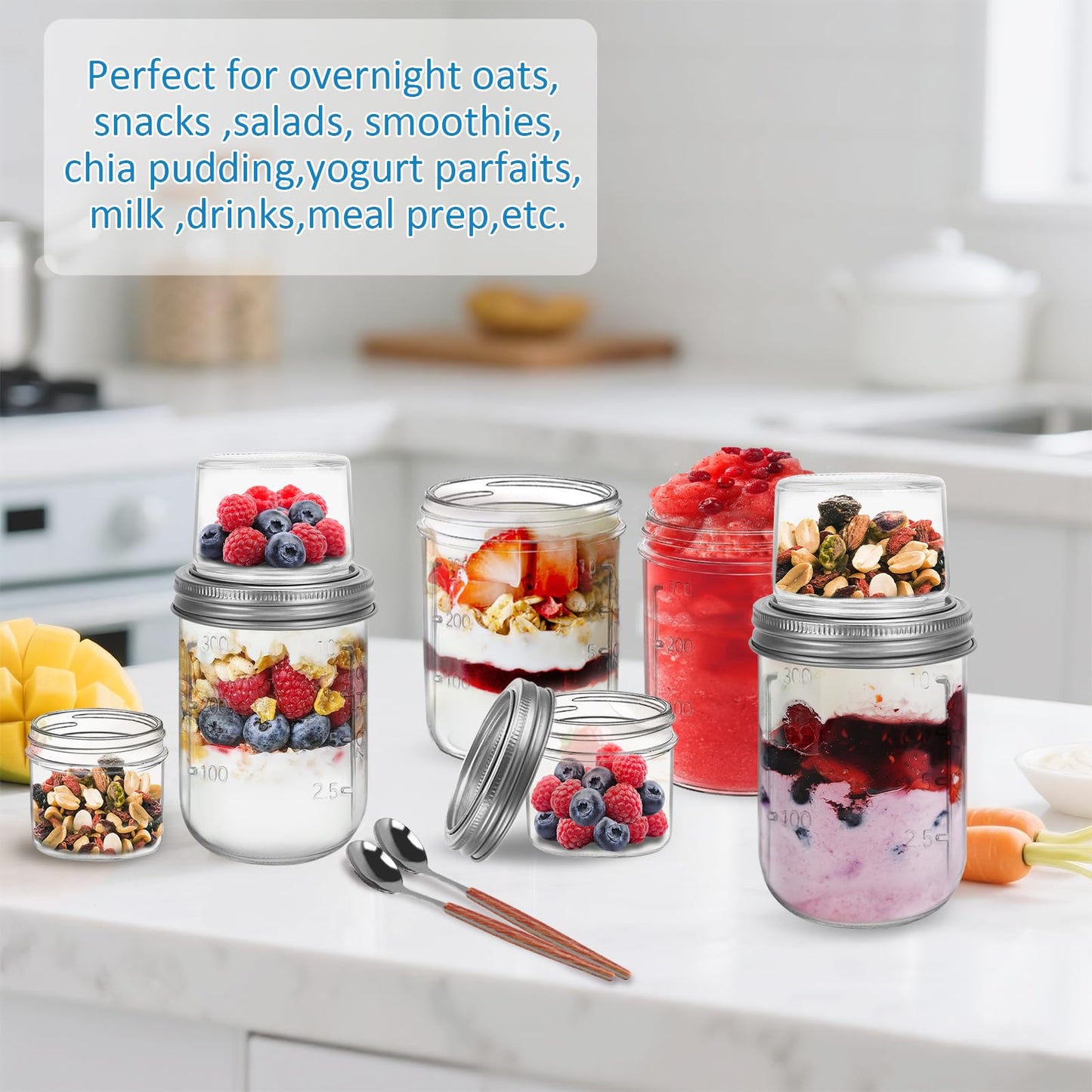 shopwithgreen Overnight Oats Jars with Lids（16oz+4oz 4 Pcs）Dual-Laryer Chia Pudding Jar with Dry and Wet Separation, Yogurt Parfait Contianer for Oatmeal Cereal Nut Fruit, Glass Meal Prep Jars