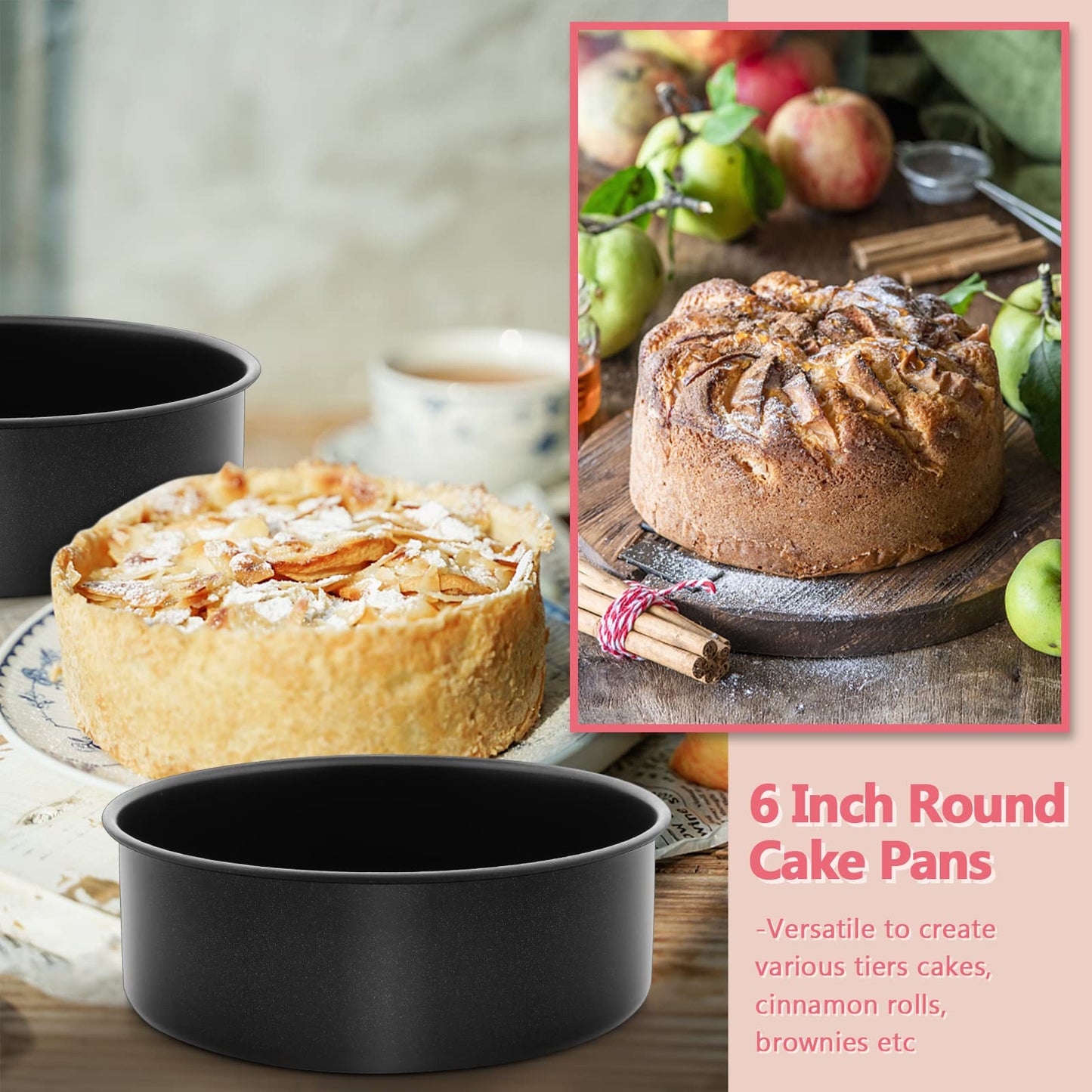 6 Inch Cake Pan Set of 3, E-far Nonstick Stainless Steel Small Round Cake Pans Tin for Baking Layer Cakes, Stainless Steel Core & Non-Toxic Coating, Straight Side & 2 Inch Deep