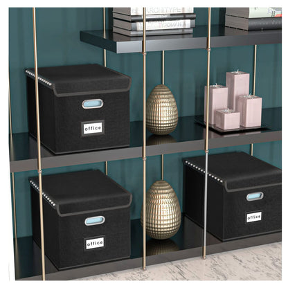 WEIANG Portable File Organizer Box, File Storage Box with Lid, Collapsible Linen Hanging Filing Storage Boxes with Plastic Slide, Durable Hanging File Box for Office/Decor/Home (Black,1pc)