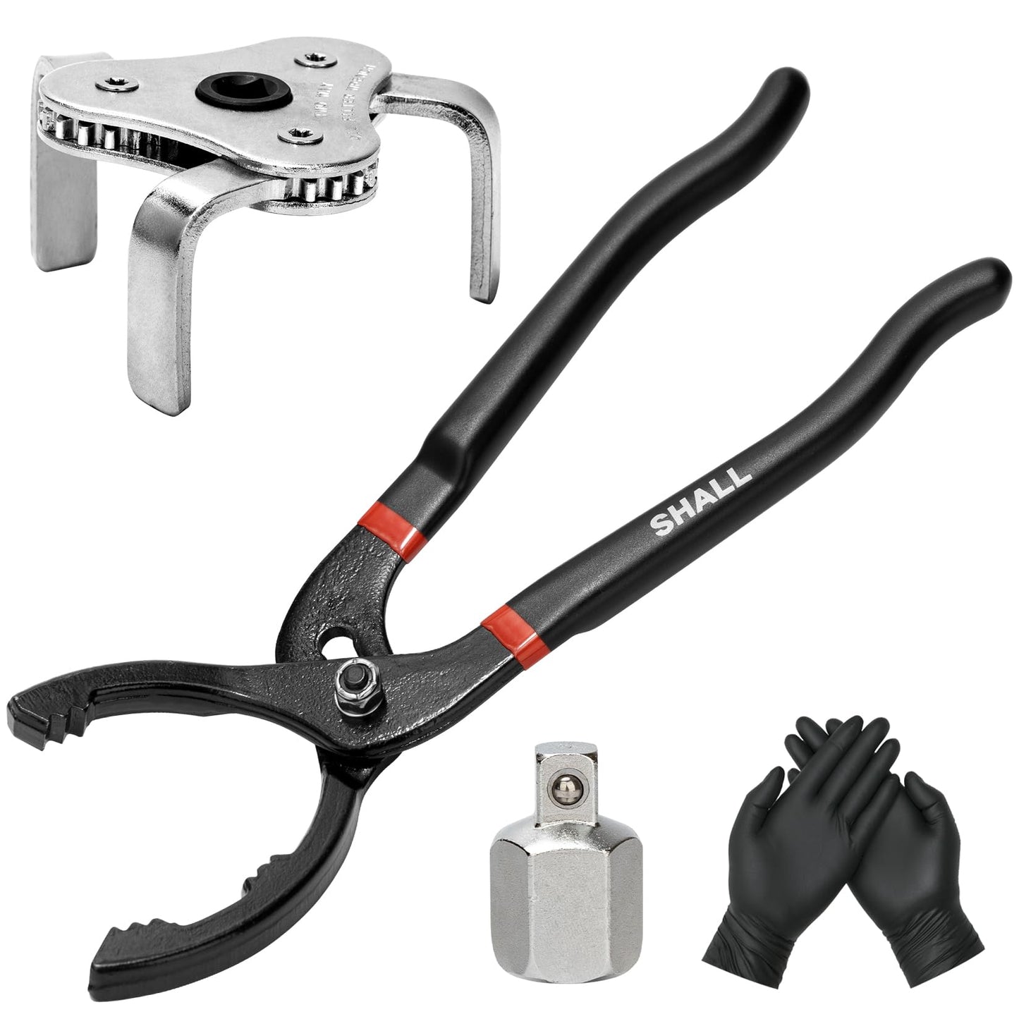 SHALL Oil Filter Removal Set, Universal 3-Jaw Oil Filter Wrench, 12 Inch Adjustable Metal Oil Filter Plier, 1/2"(F)×3/8"(M) Adapter & PVC Gloves Included, for Cars, Motorcycles