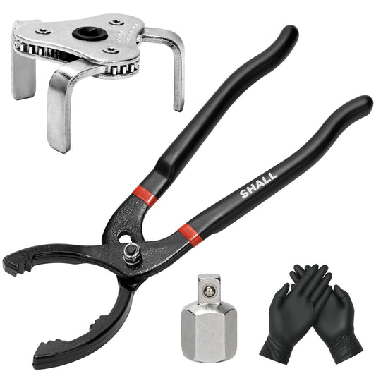 SHALL Oil Filter Removal Set, Universal 3-Jaw Oil Filter Wrench, 12 Inch Adjustable Metal Oil Filter Plier, 1/2"(F)×3/8"(M) Adapter & PVC Gloves Included, for Cars, Motorcycles