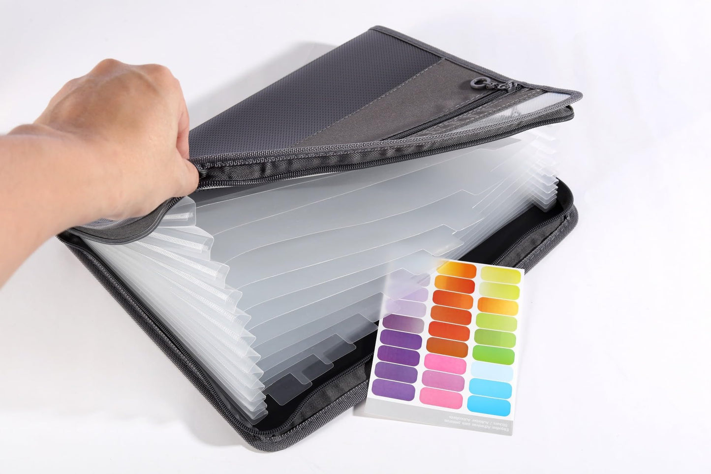 2 Pack A4 Letter Size Accordion File Organizer, 13 Pocket Expanding File Folder with Zipper Closure, Accordion File Folder Document Organizer Expanding Zip File Folder with Sticky Labels, Black