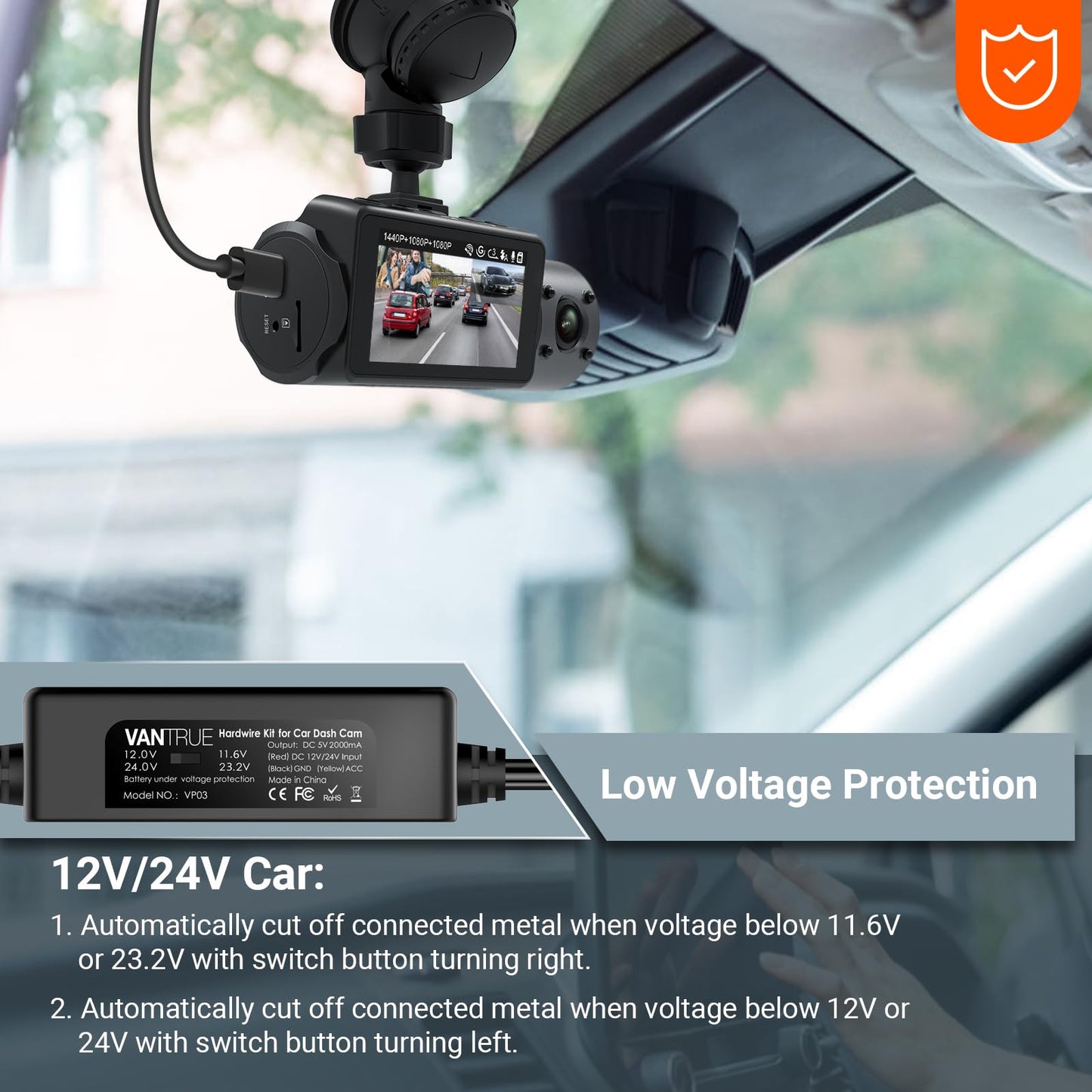 Vantrue 11.5ft USB-C Hardwire Kit (12V–24V to 5V) with Acc Functionality, Low Voltage Protection for N4(S)/N4 Pro(S)/N5(S)/N2X/E1 Pro/E360/ACE/E1 Lite/E2/S1 Pro(MAX)