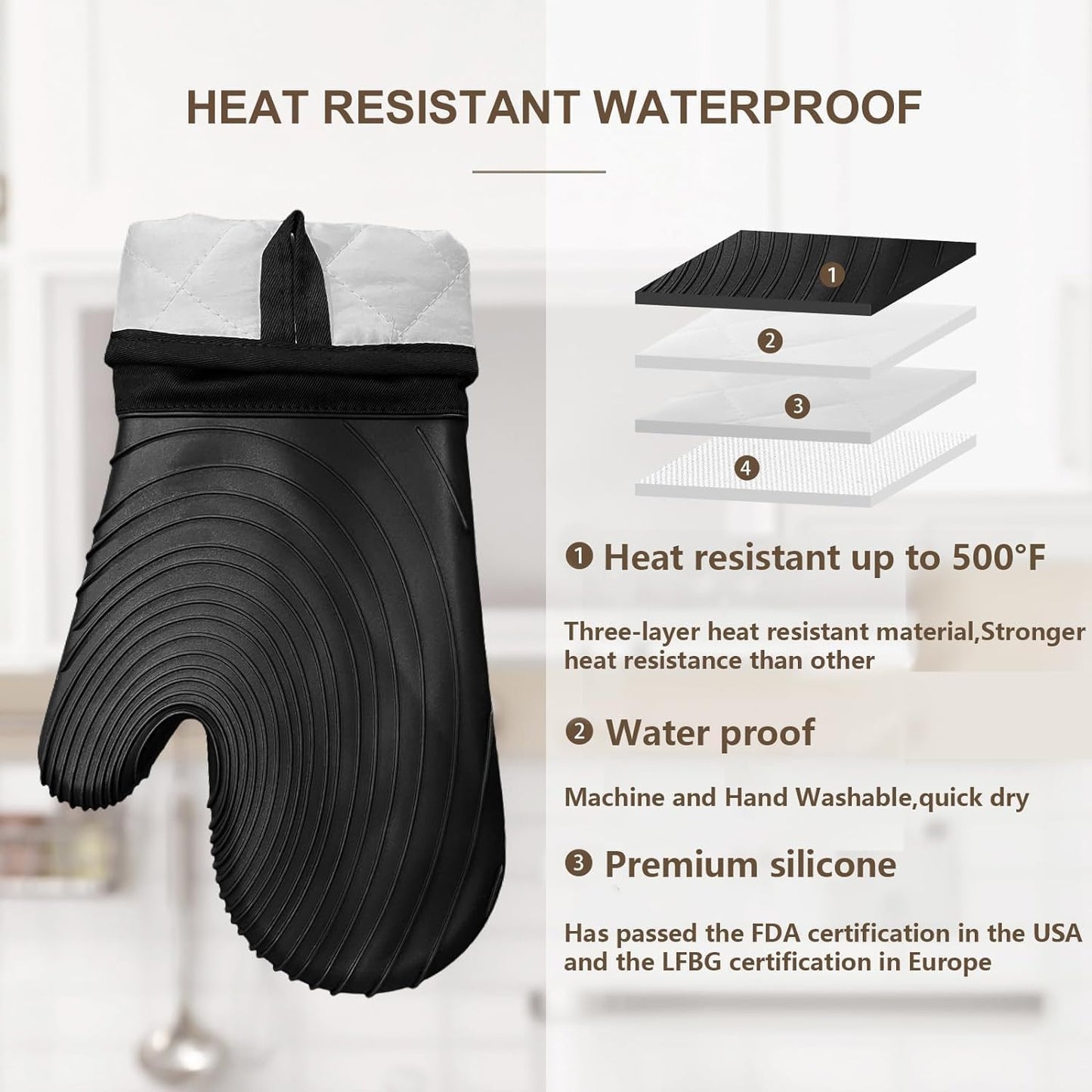 Tayfeim Silicone Oven Mitts 5pcs, Upgraded Pot Holders Set Heat Resistant 500F, Waterproof, Cotton Lined Oven Gloves BPA-Free, Oven Mits Set for Cooking Baking Kitchen Mittens Black