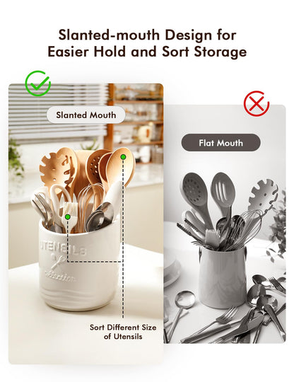 Utensil Holder for Counter,7.5" Large Kitchen Cooking Ceramic Utensil Holder for Farmhouse Décor,15° bevel design,Non-Slip Cork Base,White