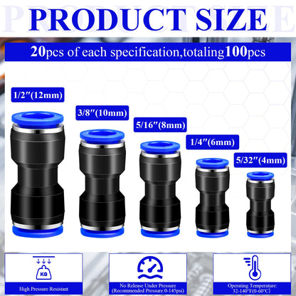Supkiir 100Pcs Straight Push Connectors, Plastic Pneumatic Connectors Quick Release Push to Connect Fittings Kit, Air Hose Fittings Air Line Fittings for 4 6 8 10 12 mm Tube