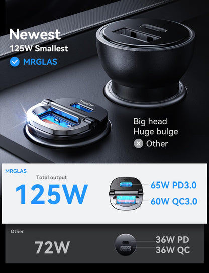 【Upgraded】 125W Car Charger USB C Super Fast Charging, [PD65W & QC60W][All Metal] MRGLAS Cigarette Lighter Car Charger, Car Accessories for iPhone 17 16 Pro Max Air iPad Samsung S25 Pixel 10