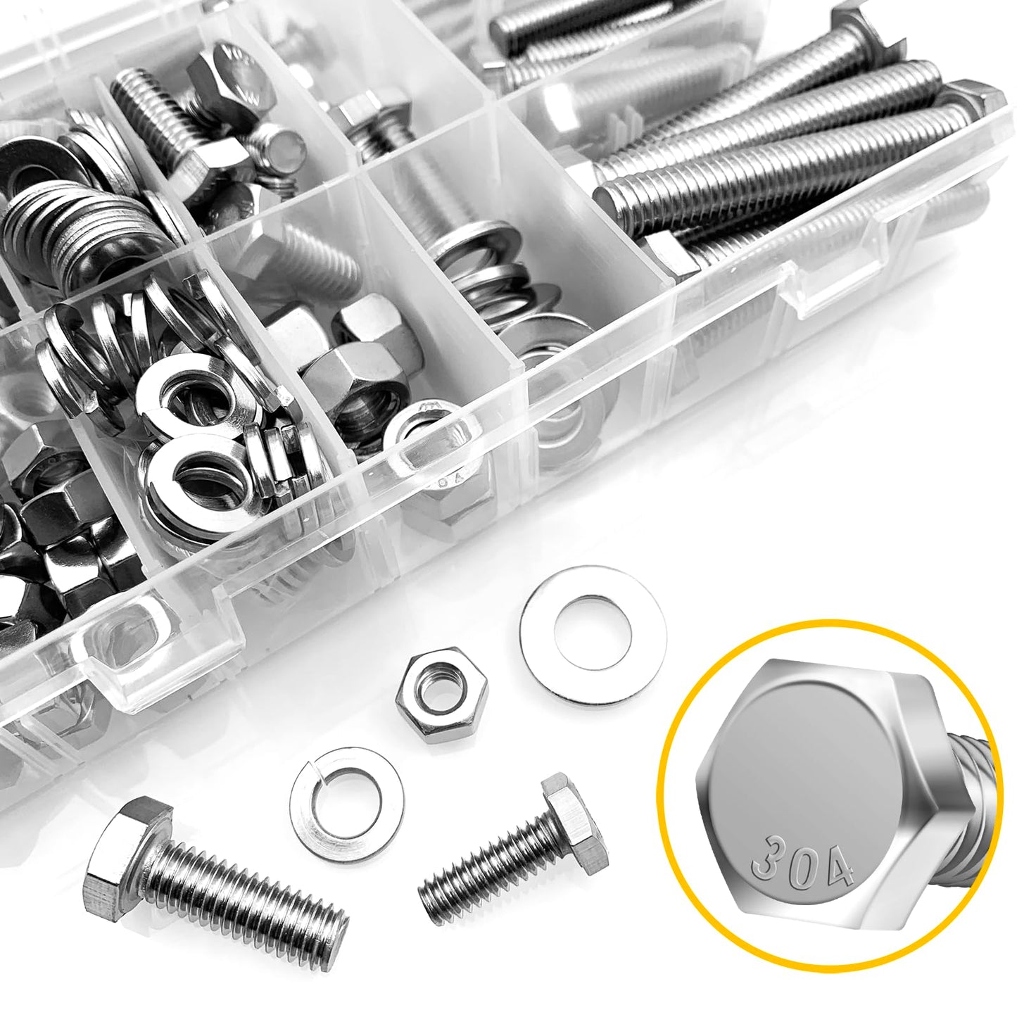 Mywish 254Pcs Bolts and Nuts Assortment, 1/4 20, 5/16 18, 3/8 16 Bolt, Heavy Duty 304 Stainless Steel Bolts and Nuts Kit with Flat Spring Washers, Includes 10 Common Sizes, Fully Threaded
