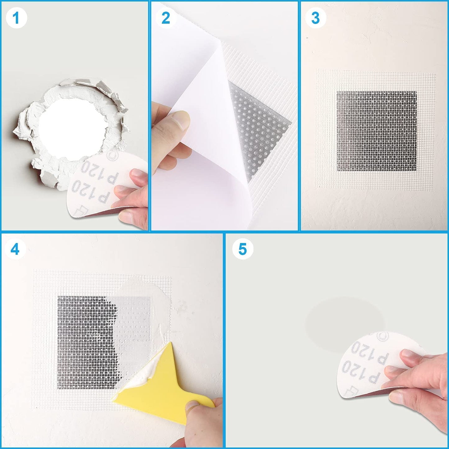 Deuvuo 19 Pcs Drywall Repair Kit - 4 Patch Sizes (2/4/6/8 Inch) With Scraper, Sandpaper for Damaged Ceiling - Say Goodbye to Unsightly Holes