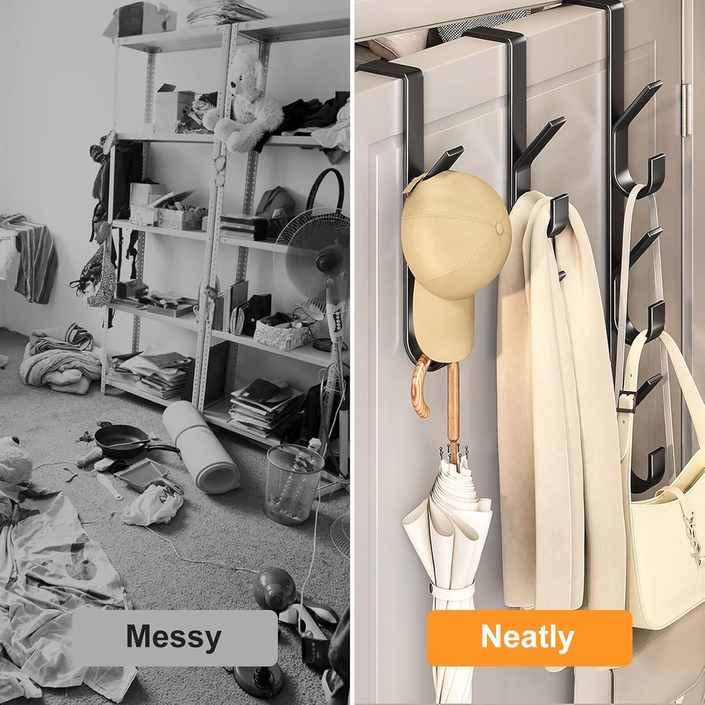 Over The Door Hooks 4-Pack, Door Hanger Hook with 5 Hooks, Heavy Duty Metal Door Hanger Organizer for Bathroom, Towels, Coats, Clothes, Hats, Bags - Black