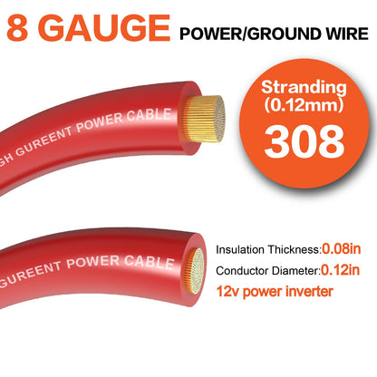 8 Gauge Wire (25ft Each - Red/Black) Copper Clad Aluminum CCA with 8ga lugs and Heat Shrink Tube - Battery Power/Ground Cable,Car Audio Speaker,RV Trailer Amp Wiring kit