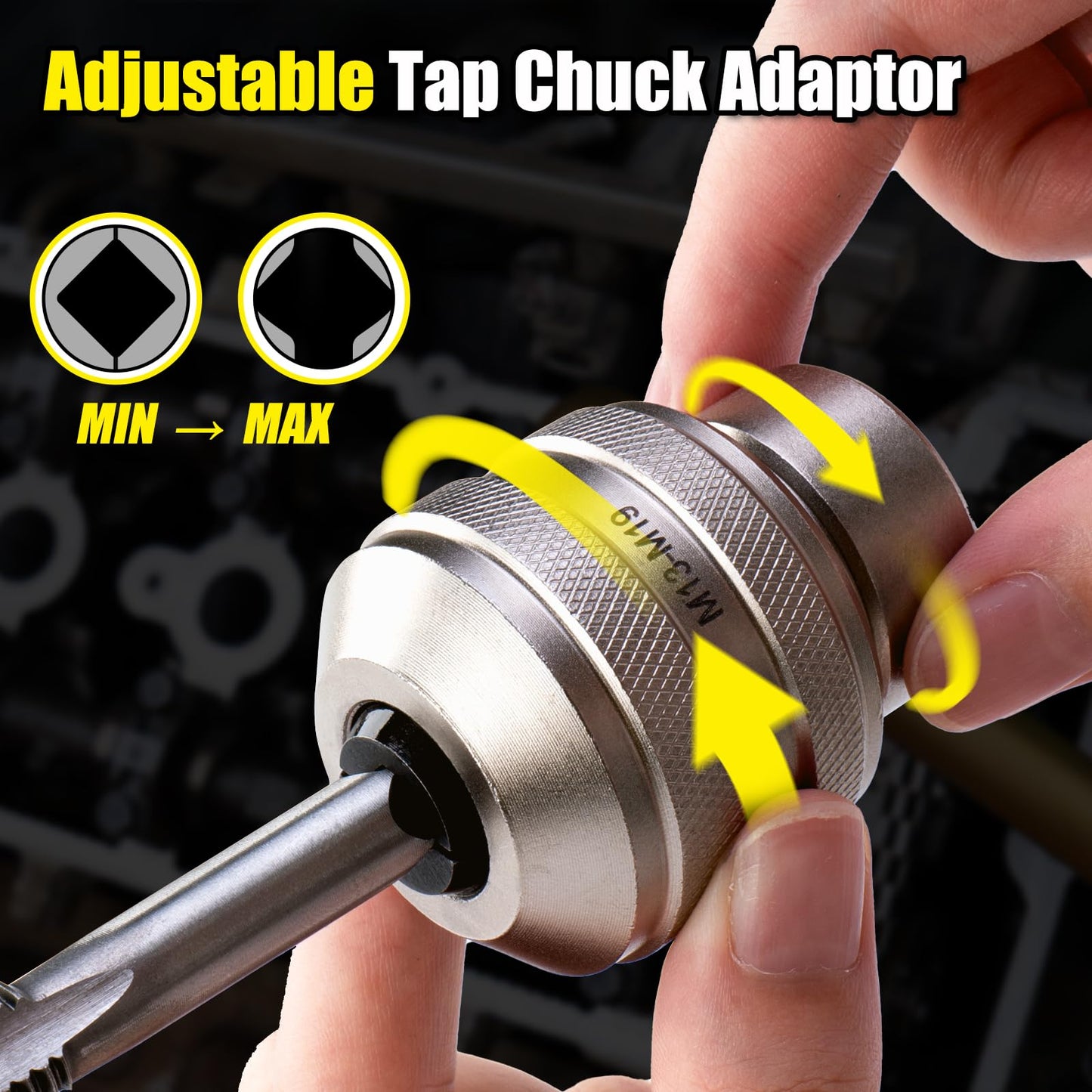 Topec Tap Socket Set, 2-Piece 1/2"DR x M13~M19 Adjustable Tap Chuck Tool with a 1/2"Socket Adapter, Tap Handle for Taps, Reamers, Screw Extractors