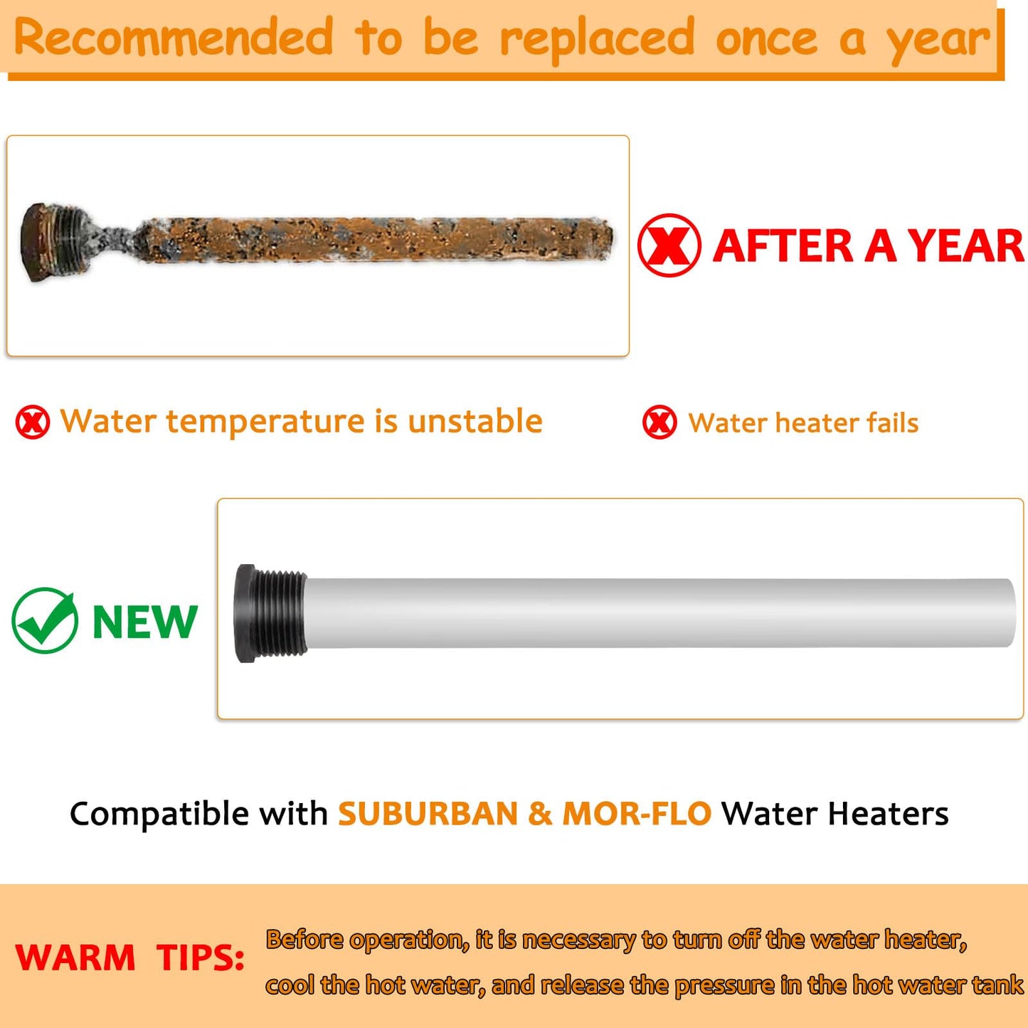 RV Anode Rod for Hot Water Heater, 9.25" L x 3/4" NPT Thread Magnesium Anode Rod & Flush Wand Compatible with Mor-Flo and Suburban Water Tank 232767