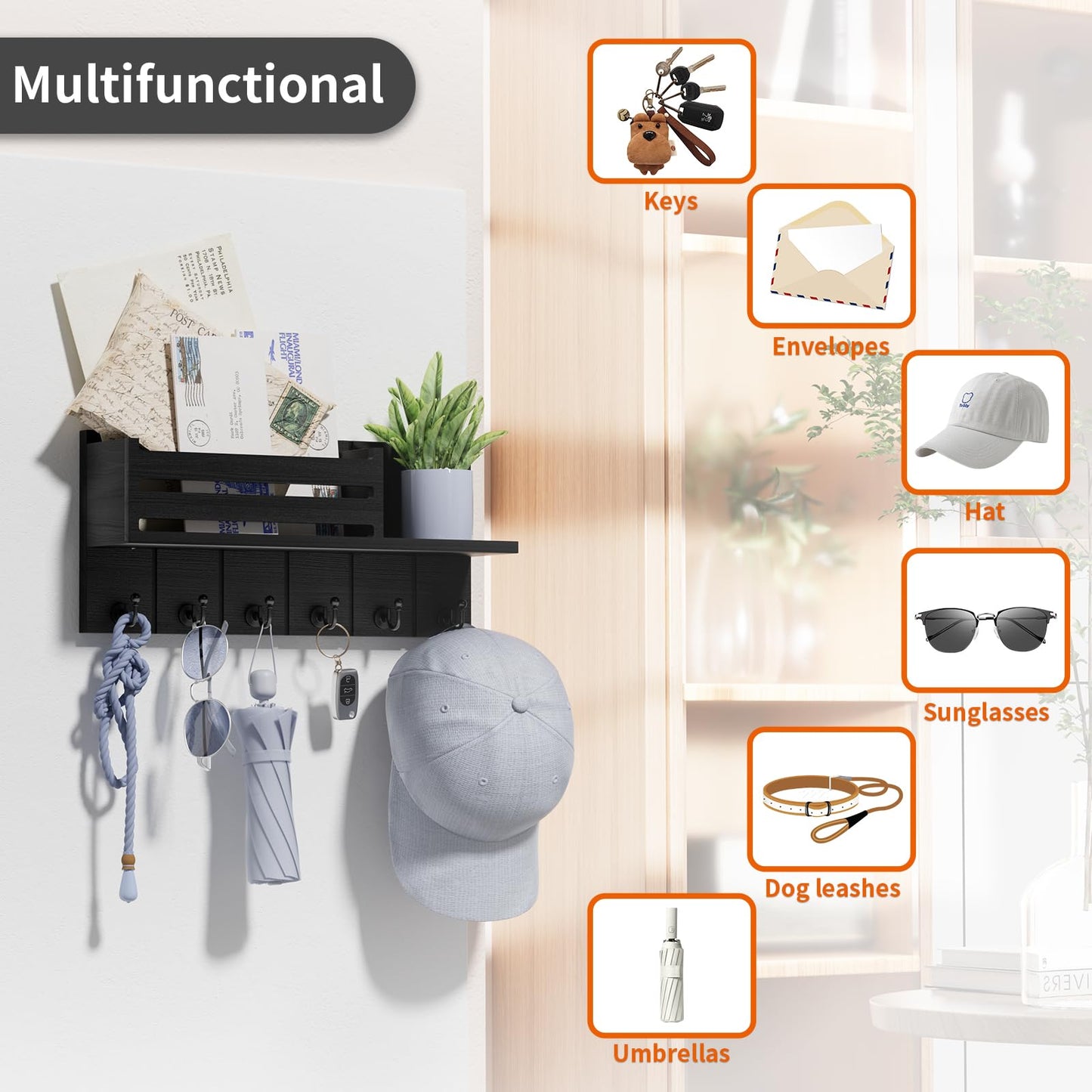 SWTYMIKI Key Holder Wall Mount - Key Holder with Shelf Includes Letter Holder ＆ 6 Key Hooks, Paulownia Wood Key Rack with Mounting Hardware, Mail Organizer for Hallway, Entryway, Bedroom, Black