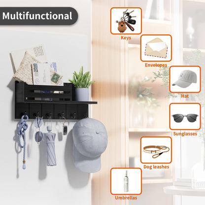 SWTYMIKI Key Holder Wall Mount - Key Holder with Shelf Includes Letter Holder ＆ 6 Key Hooks, Paulownia Wood Key Rack with Mounting Hardware, Mail Organizer for Hallway, Entryway, Bedroom, Black