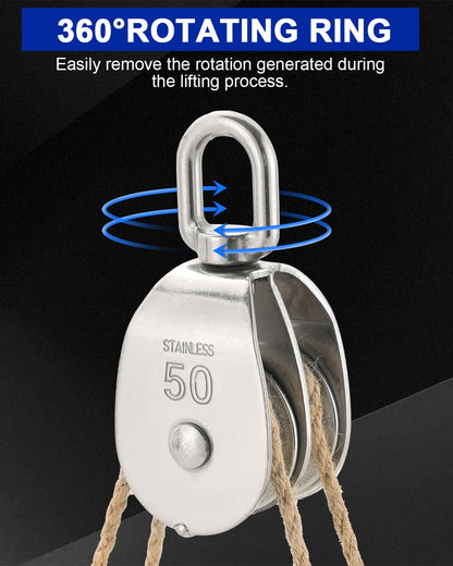 DASBET M50 Double Pulley Block Set - 304 Stainless Steel Pack of 2 | Heavy Duty Double Pulleys for Efficient Lifting | Ideal for Hanging Wire and Crane Operations with Swivel Hook Design