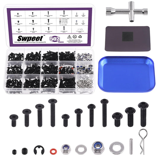 Swpeet 502Pcs Universal RC Screw Kit Screws Set, Hardware Fasteners Compatible with 1/8 1/10 1/12 1/16 Scale RC Cars Black