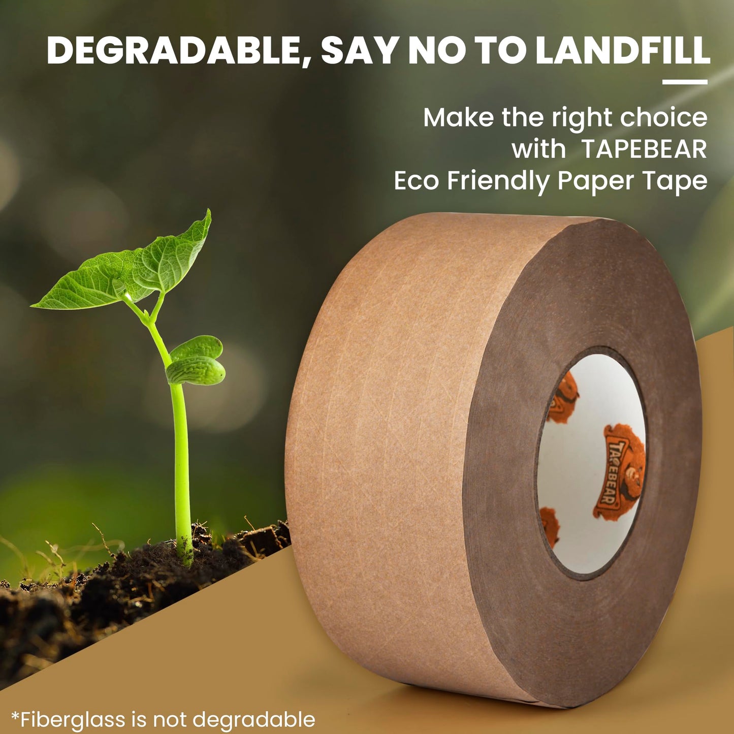 TAPEBEAR Water Activated Tape, Fiber Reinforced Gummed Tape 2inch x 165ft, Eco-Friendly Kraft Paper Tape Biodegradable Brown Packing Tape for Security Sealing, Heavy Duty Packaging and Shipping,3Rolls