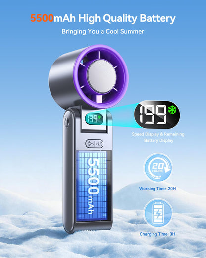 Portable Handheld Turbo Fan with Ice Cooler, 199 Speed Personal Fan,5500mAh Rechargeable,20H Cooling Time,20000 RPM Powerful Silent Motor, Summer Essential for Travel/Outdoor/Office, Grey Purple