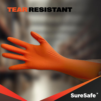 [100 Pack] SURESAFE 8 Mil Nitrile Gloves Large, Orange Mechanic Gloves Disposable Heavy Duty, Powder & Latex Free, Diamond Grip, Fully Textured & Ribbed, For Work, Mechanics, Plumbing, Food Prep