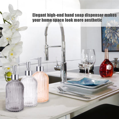 RUITENG 3 Pack Soap Dispenser Set, 14 Oz Clear Glass Soap Dispenser with Rust Proof Plastic Pump, Refillable Liquid Hand Soap Dispenser, Bathroom Soap Dispenser for Kitchen Countertop (3 Colors)