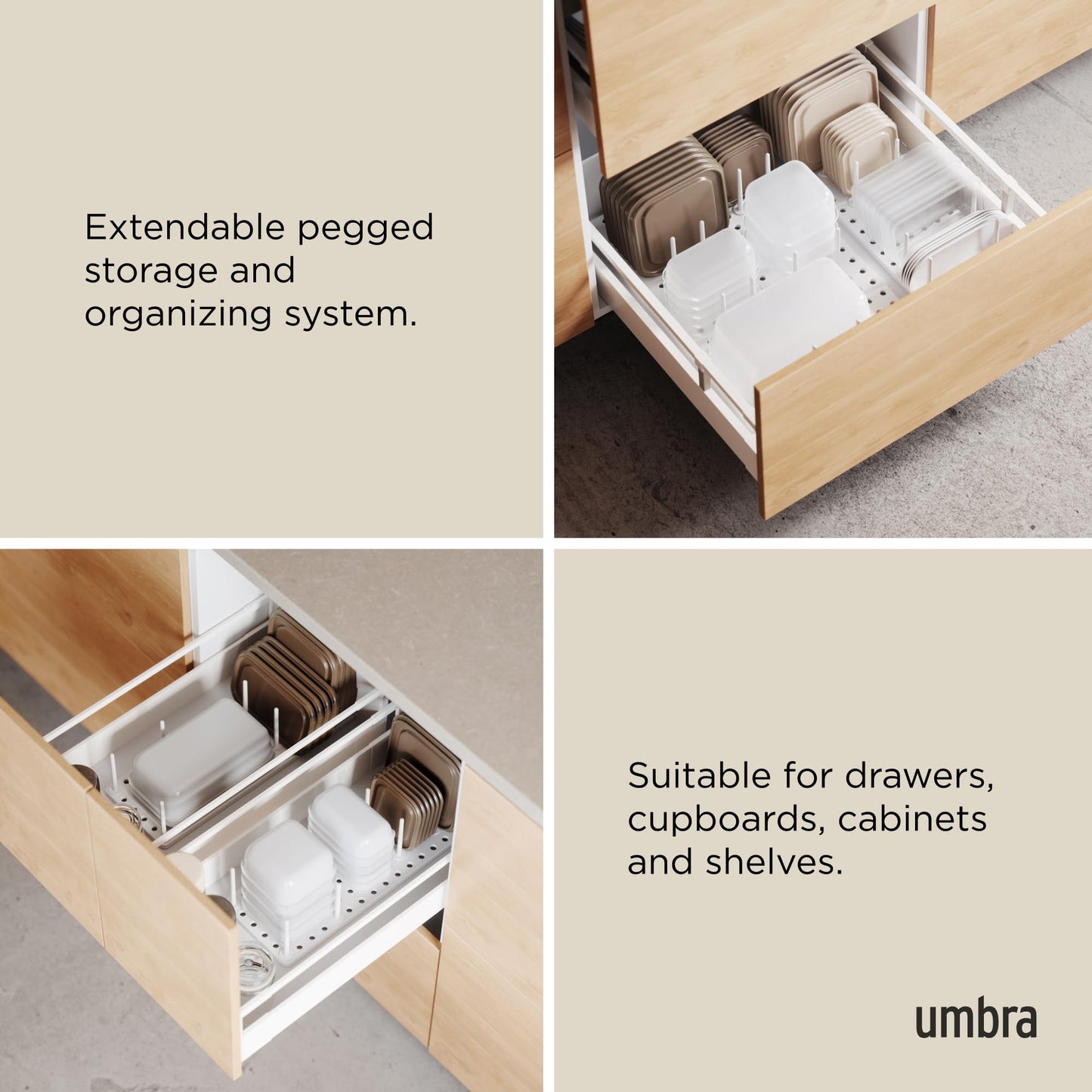 Umbra Peggy Kitchen Drawer Cupboard Organizer Tray - Adjustable Storage System For Food Containers, Cookware, Serveware, Utensils and More, White