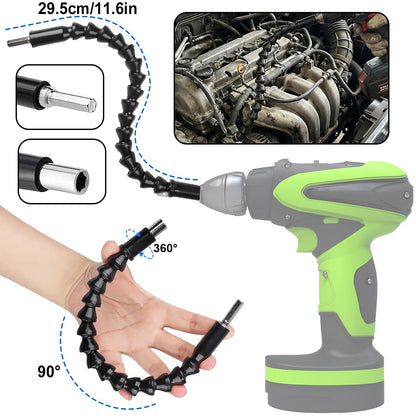 ZORKNOPT 26 PCS Flexible Drill Bit Extension Set with 2 PCS 105° Right Angle Drill Attachment, Bendable 1/2 3/8 1/4" Universal Socket Adapter & Screwdriver Bit Kit & Drill Bit Holder