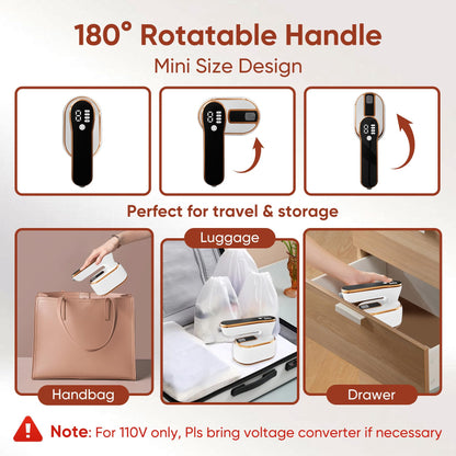 Upgraded - Portable Steamer for Clothes - LED Display & 3+1 Level Steam, Foldable Compact Mini Iron, Small Handheld Iron with Ironing Gloves, College Essential, White(Only for 110V, Such as Canada/US)