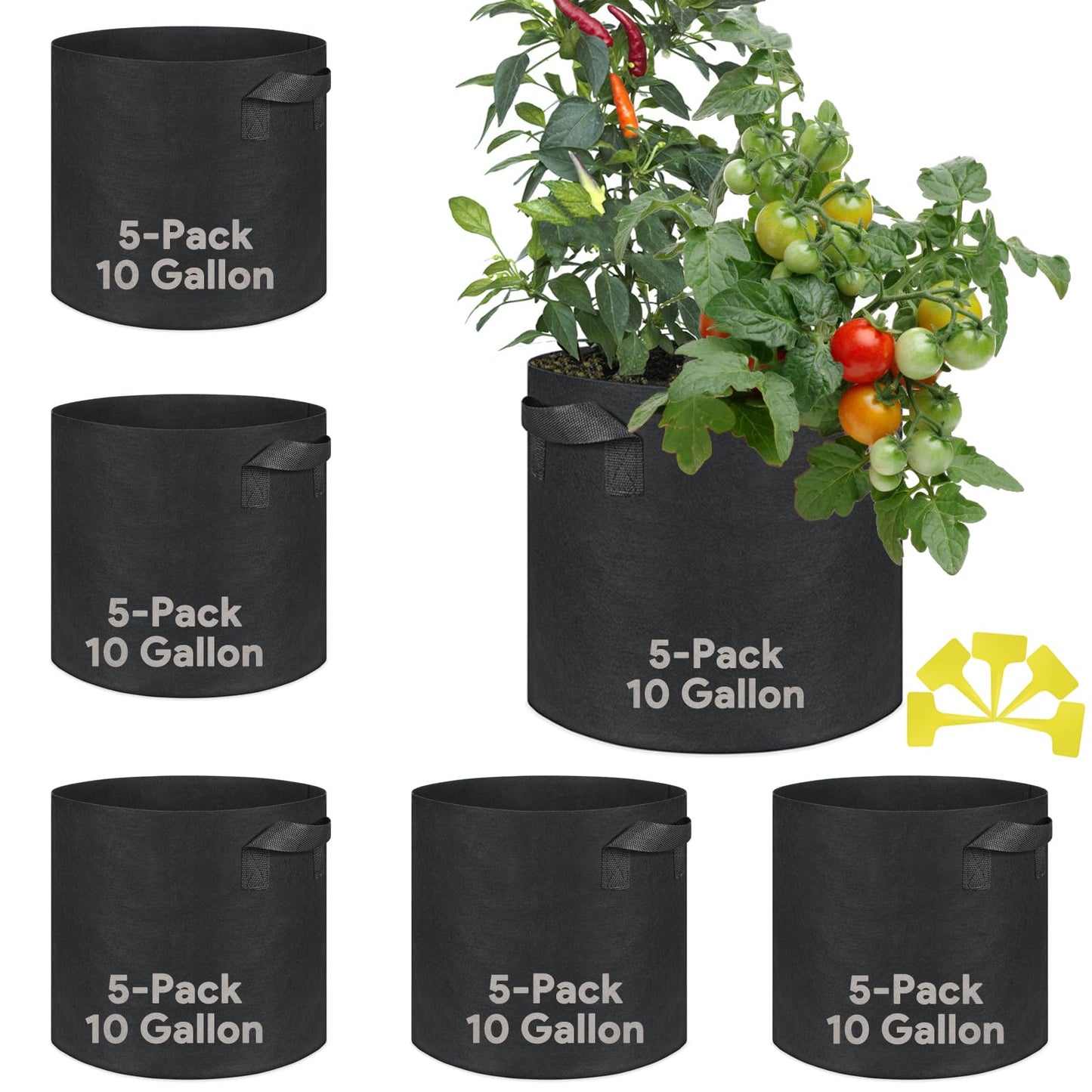 CGLEAM Grow Bags 10 Gallon 5 Pack Large Fabric Pots Heavy Duty 300g Thickened Nonwoven Grow Bags with Handles for Vegetables Fruits Flowers Plants Indoor Outdoor(16" Dia x 12" H)