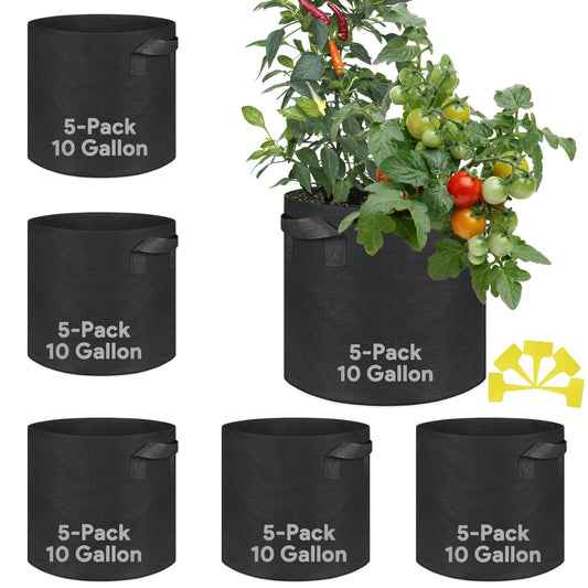 CGLEAM Grow Bags 10 Gallon 5 Pack Large Fabric Pots Heavy Duty 300g Thickened Nonwoven Grow Bags with Handles for Vegetables Fruits Flowers Plants Indoor Outdoor(16" Dia x 12" H)