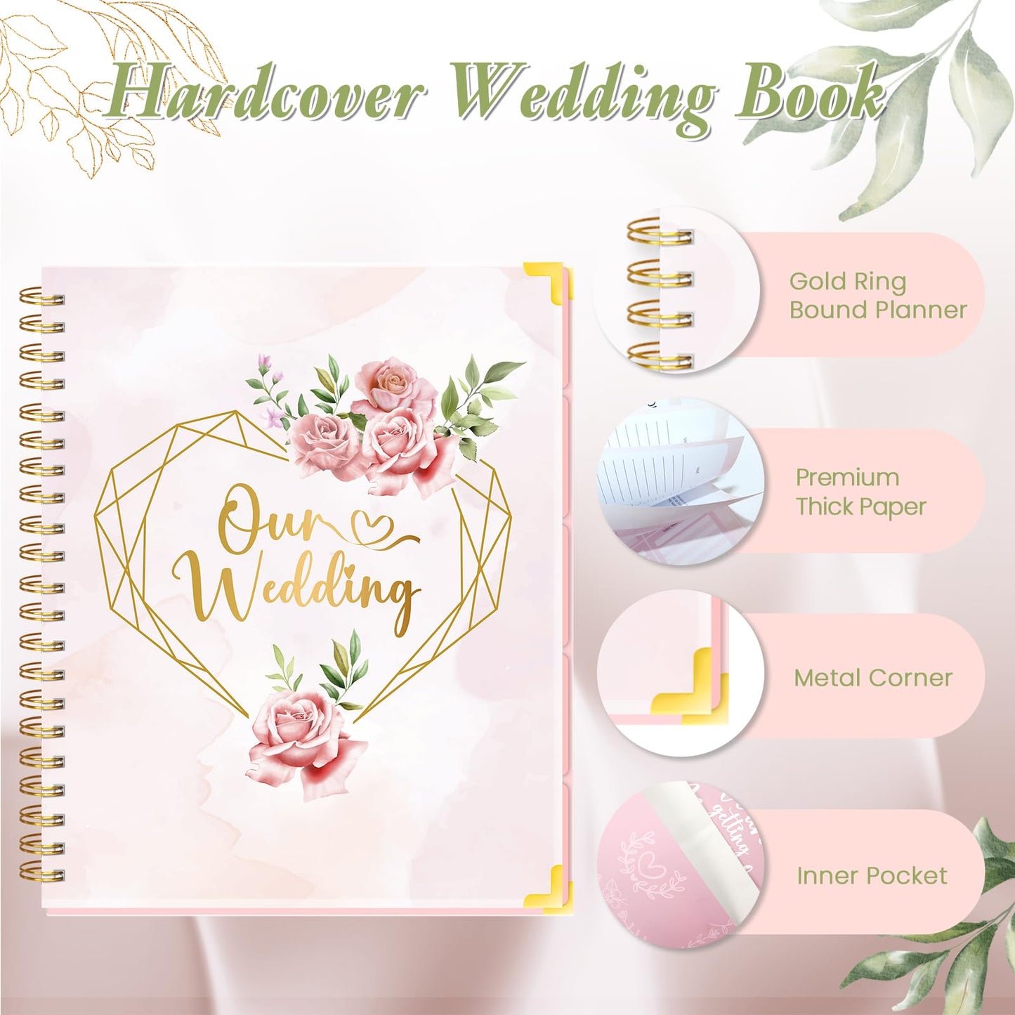 Wedding Planner For Bride-A4 Bridal Wedding Planning binder With 5 Tabbed Sections+Wedding Countdown Calendar,Unique Engagement Gifts For Couples,Pink Love