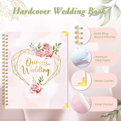 Wedding Planner For Bride-A4 Bridal Wedding Planning binder With 5 Tabbed Sections+Wedding Countdown Calendar,Unique Engagement Gifts For Couples,Pink Love