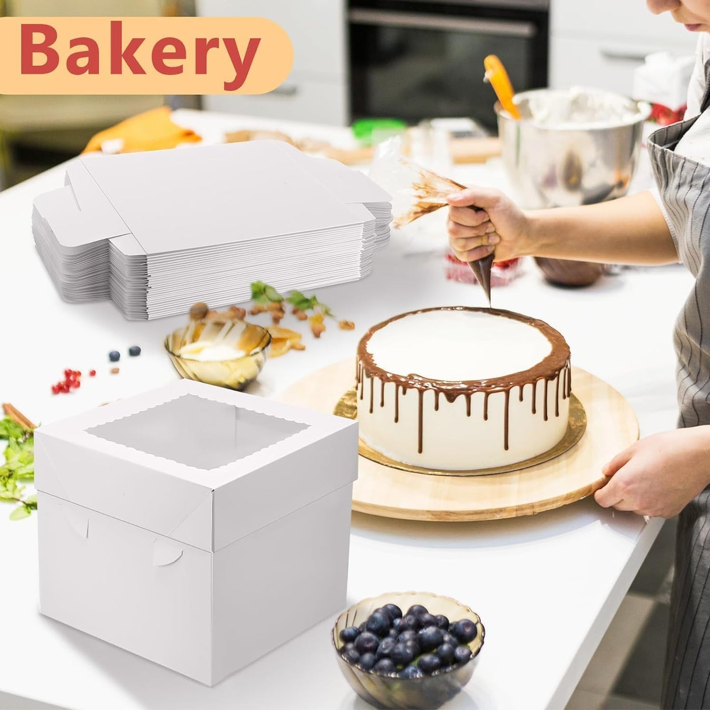 Miluoou 20pcs Cake Boxes with Cake Boards (10 Boxes & 10 Boards), 12x12x8 Inches White Bakery Box with Window, Large Baking Boxes, Square Cake Box for Multi-Layer Cakes, Cake Decorating Supplies