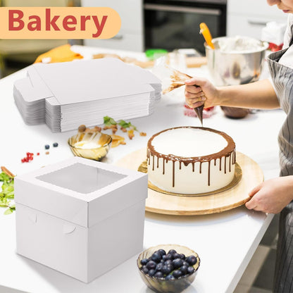 Miluoou 20pcs Cake Boxes with Cake Boards (10 Boxes & 10 Boards), 12x12x8 Inches White Bakery Box with Window, Large Baking Boxes, Square Cake Box for Multi-Layer Cakes, Cake Decorating Supplies