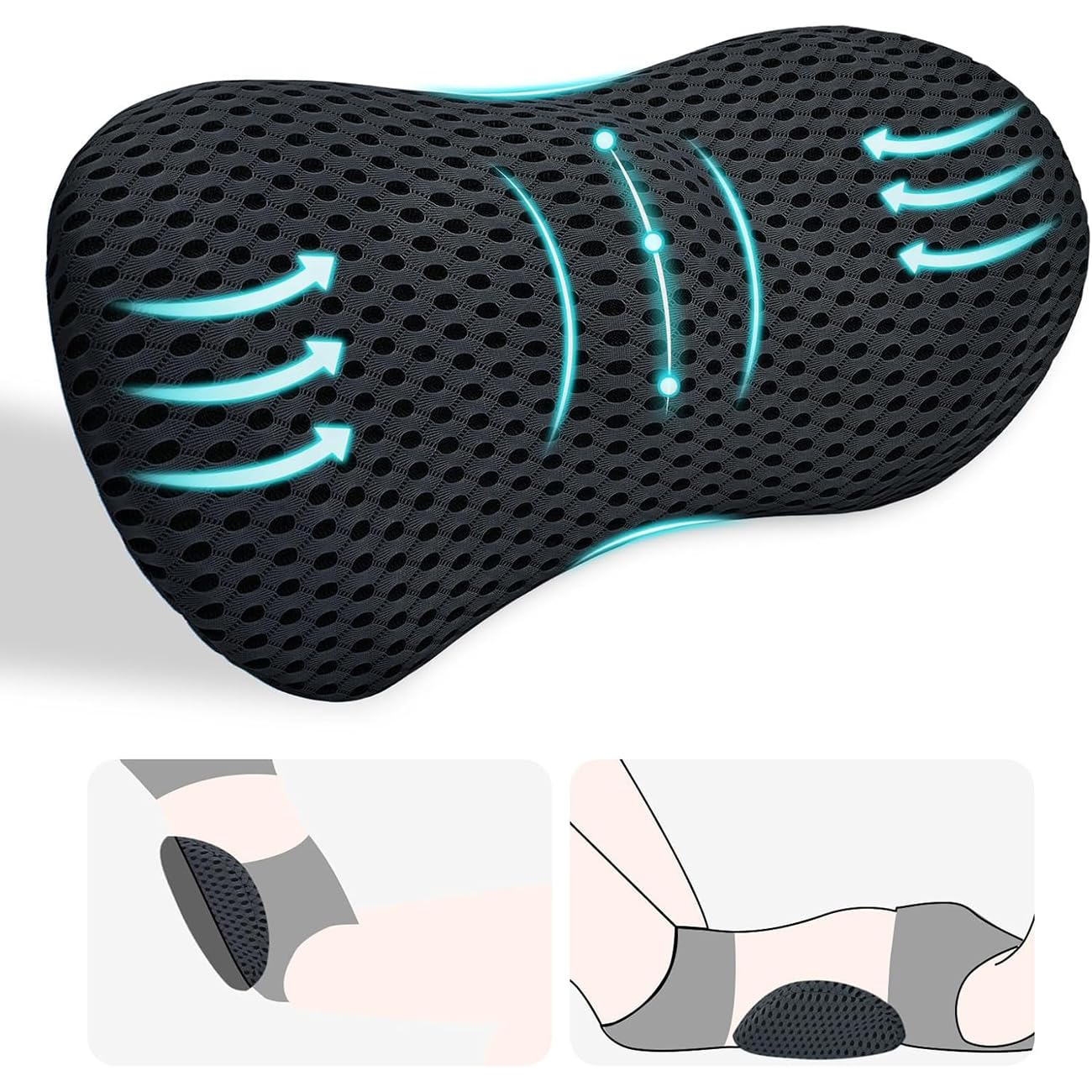 Lumbar Support Pillow for Lower Back Pain Relief – Ergonomic Streamline Memory Foam Cushion for Office Chair, Car Seat, Bed, and Sleeping – Ideal for Drivers and Office Workers (Black)