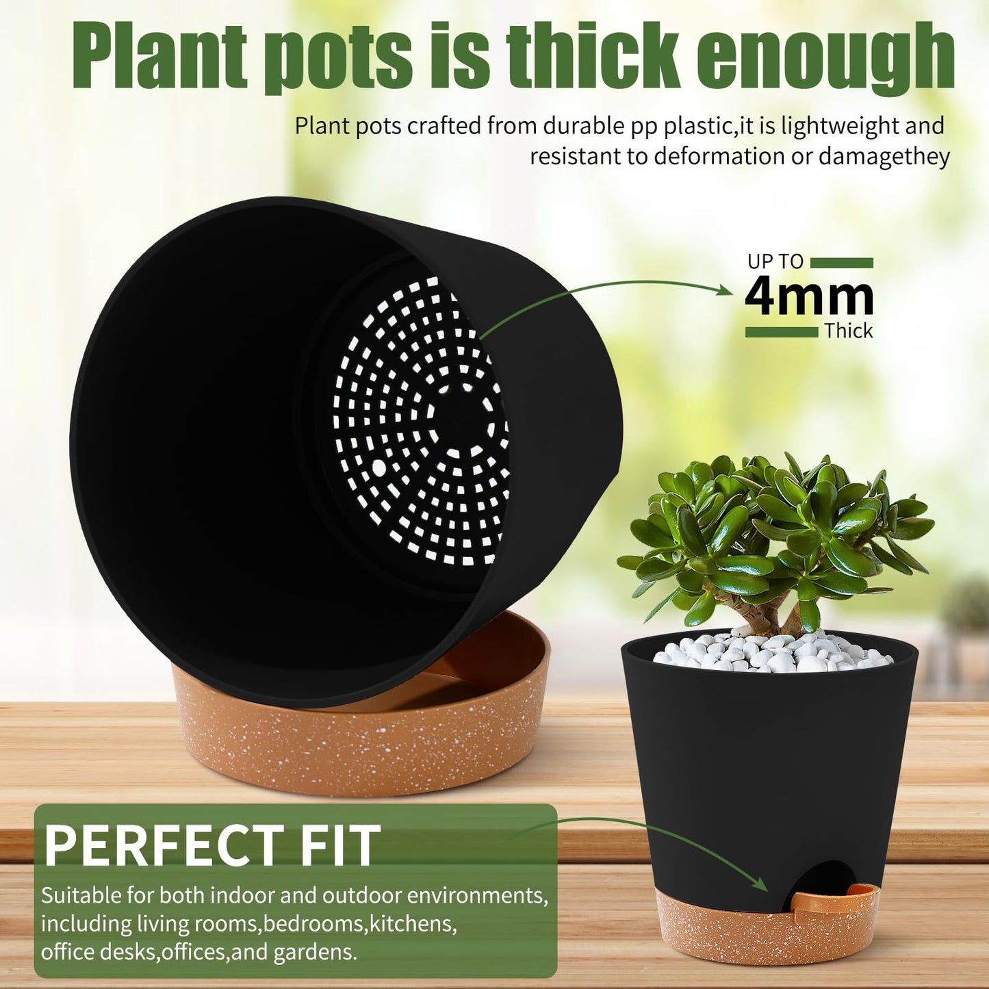 6 Pack Plant Pots Indoor 8/7/6.5/6/5.5/5 Inch Flower Pots Self Watering Planters for Indoor Plants with Drainage Hole Plastic Plant Pot for African Violet Cactus Flowers Succulents(Black)