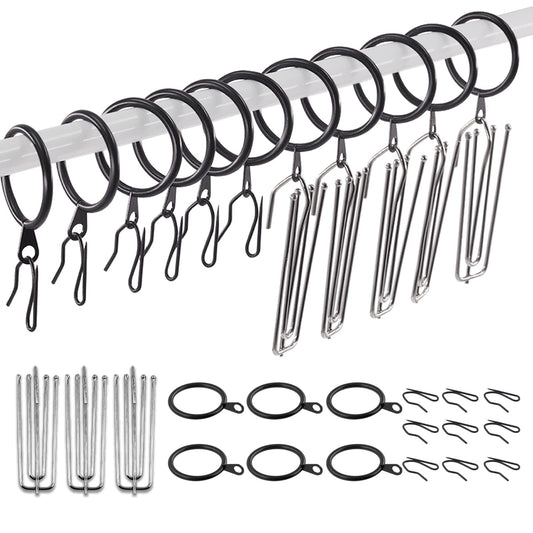 Swpeet 120Pcs Black 1.35 Inch - 30mm Metal Drapery Curtain Rings Curtain Hanging Rings and Stainless Steel 4 Prongs Pinch Pleat Hook with Drapery Curtain Pin-on Hooks Pins for Window, Shower Curtain