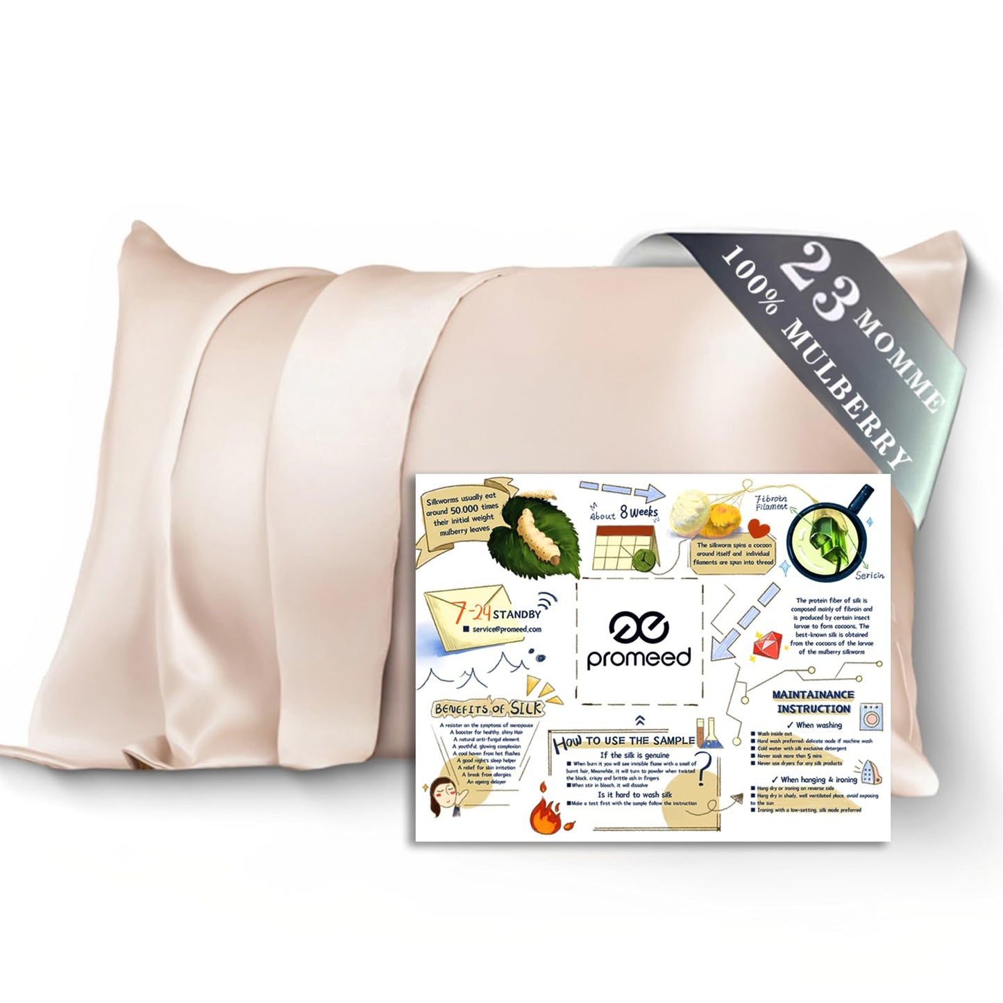 PROMEED 100% Mulberry Silk Pillowcase for Hair and Skin, Both Sides 23 Momme Grade 6A+ Silk Pillow Case with Hidden Zipper, 1400 TC, Soft & Smooth (Standard 20"x26", Champagne)