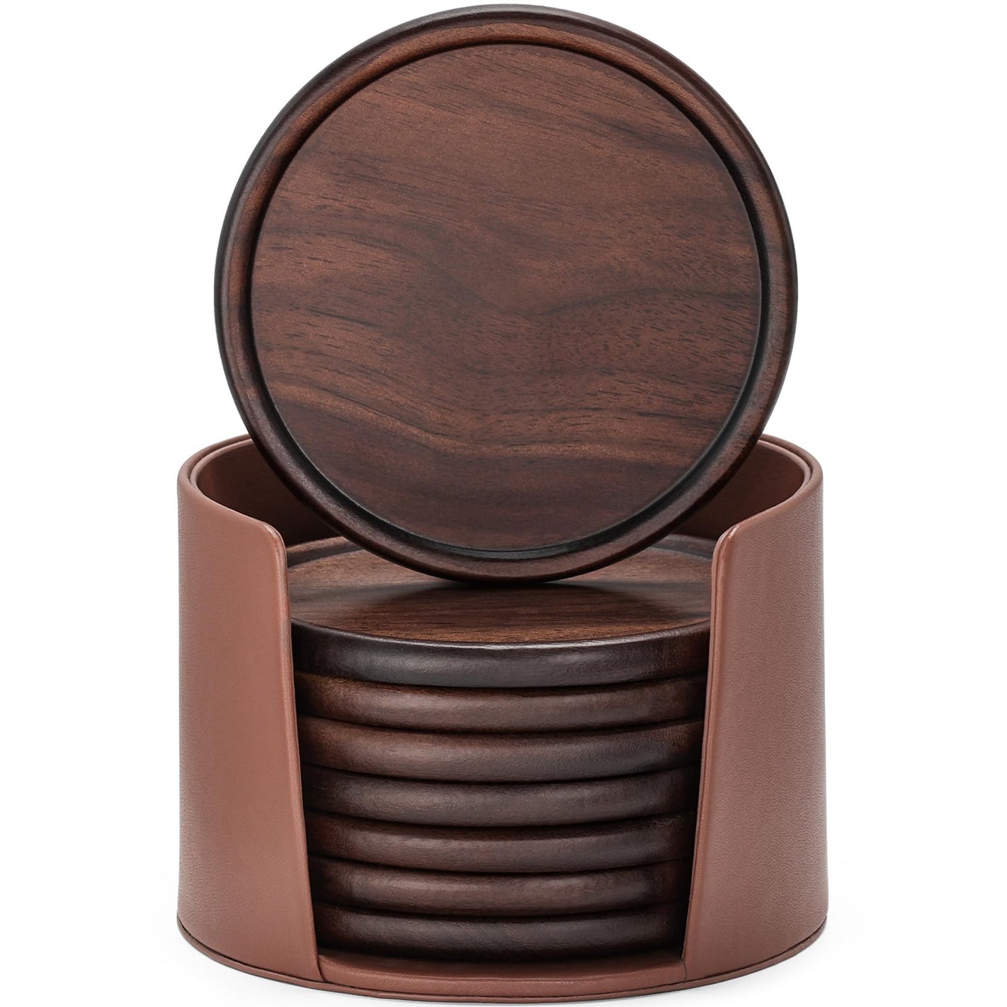 Wood Coasters with Leather Holder, GOH DODD Set of 8 Wooden Coaster Tabletop Protection Living Room Decor for Drinks Coffee Table Home Kitchen Office Bar Housewarming Gifts Wedding Party, 4 Inch