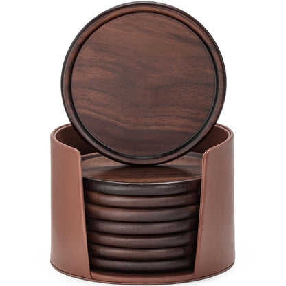 Wood Coasters with Leather Holder, GOH DODD Set of 8 Wooden Coaster Tabletop Protection Living Room Decor for Drinks Coffee Table Home Kitchen Office Bar Housewarming Gifts Wedding Party, 4 Inch