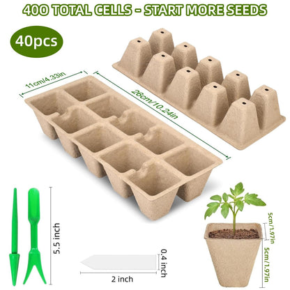 400 Cells Seed Starter Tray 40 Pack, Peat Pot Organic Biodegradable Seedling Pots Germination Trays with 100 Plant Labels for Vegetable Flower, Herbs, Indoor Outdoor Garden