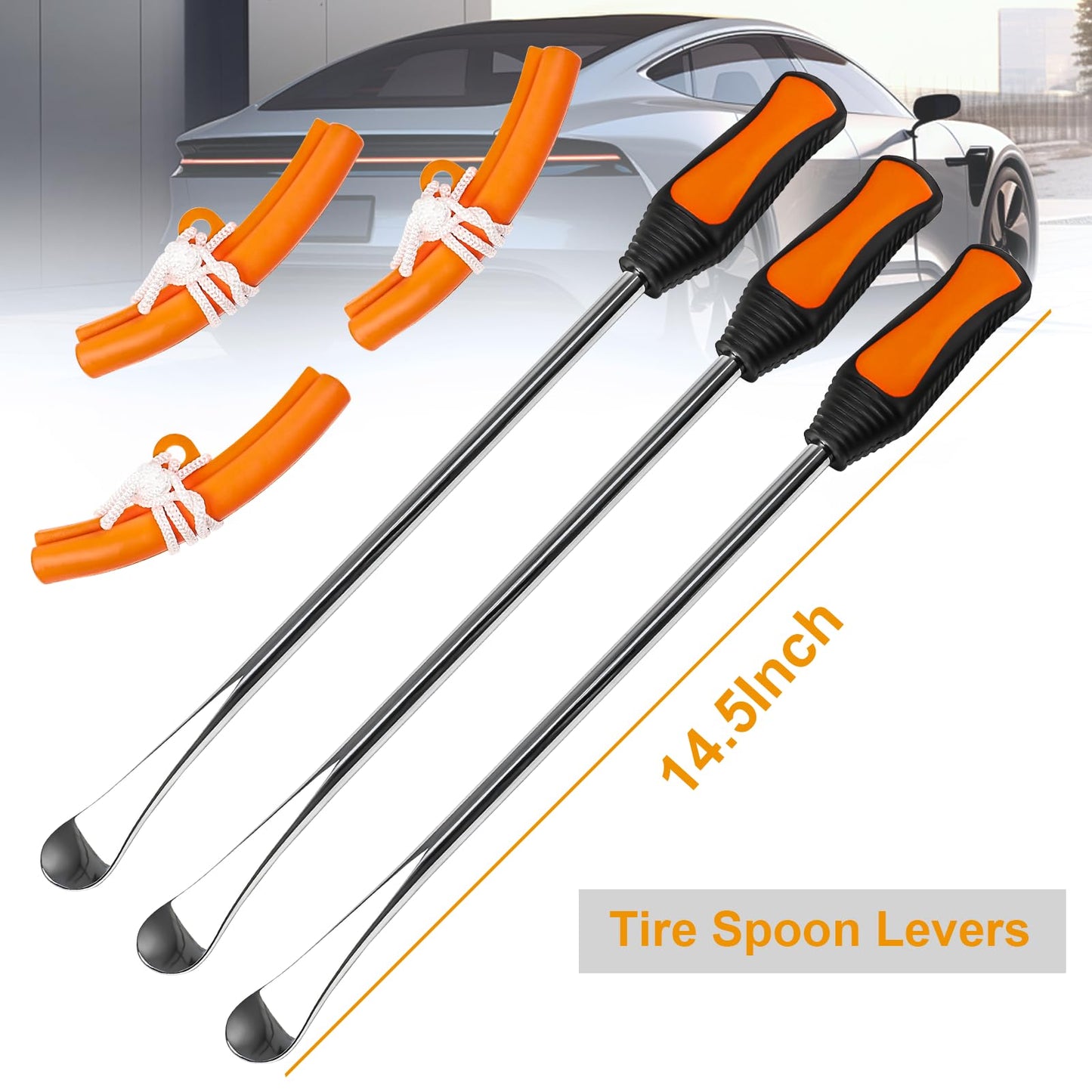YINGJEE 14.5Inch Tire Spoons Motorcycle Dirt Bike, Tire Changing Tools Iron Set Lawn Tractor Bicycle, Tire Spoon Lever Tire Removal Tool Changer Kit with Valve Tool Valve Cores(Orange)
