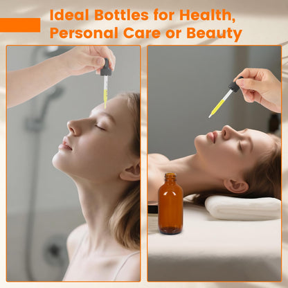 2 oz Amber Glass Dropper Bottles- 24 Pack Boston Bottle with Leakproof Caps for Essential Oils and DIY- Bonus 4 Funnels, 1 Brush＆24 Labels