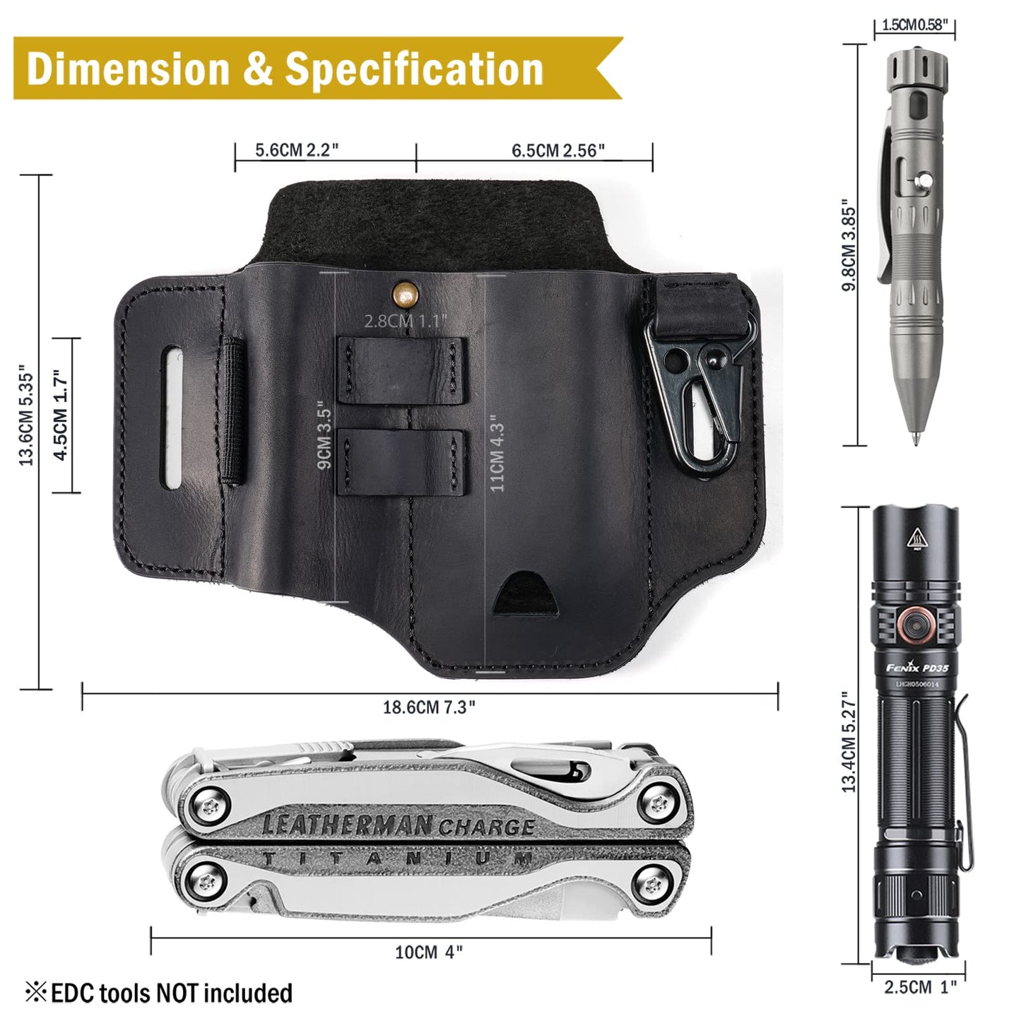 VIPERADE PJ35 Multitool Sheath for Belt, Leather EDC Pocket Organizer for Men, EDC Leather Sheath, EDC Belt Organizer, Multitool and Flashlight Holster
