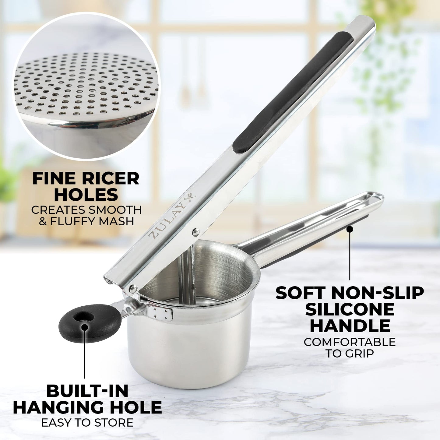 Zulay Kitchen Large 15oz Potato Ricer, Heavy Duty Stainless Steel Potato Masher and Ricer for Mashed Potatoes, Mashed Potato Masher & Potato Press Kitchen Gadget for Perfect Mashed Potatoes