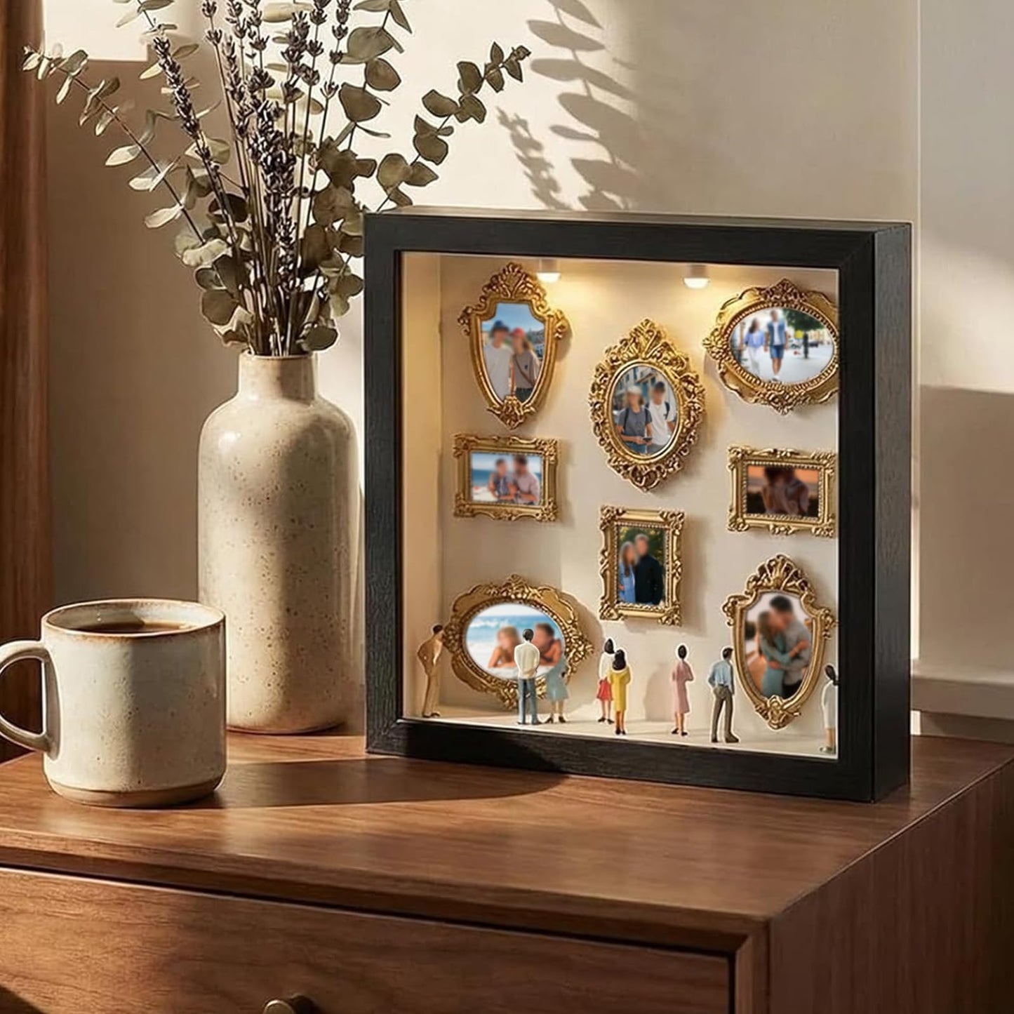 DIY Mini Museum Silhouette Box, Museum of Us Box Celebrate Your Unique Memories in Style, Personalized Photo Shadow Boxes Display with 8pcs Mini Museum Figurines & 8pcs Gold Mini Frames