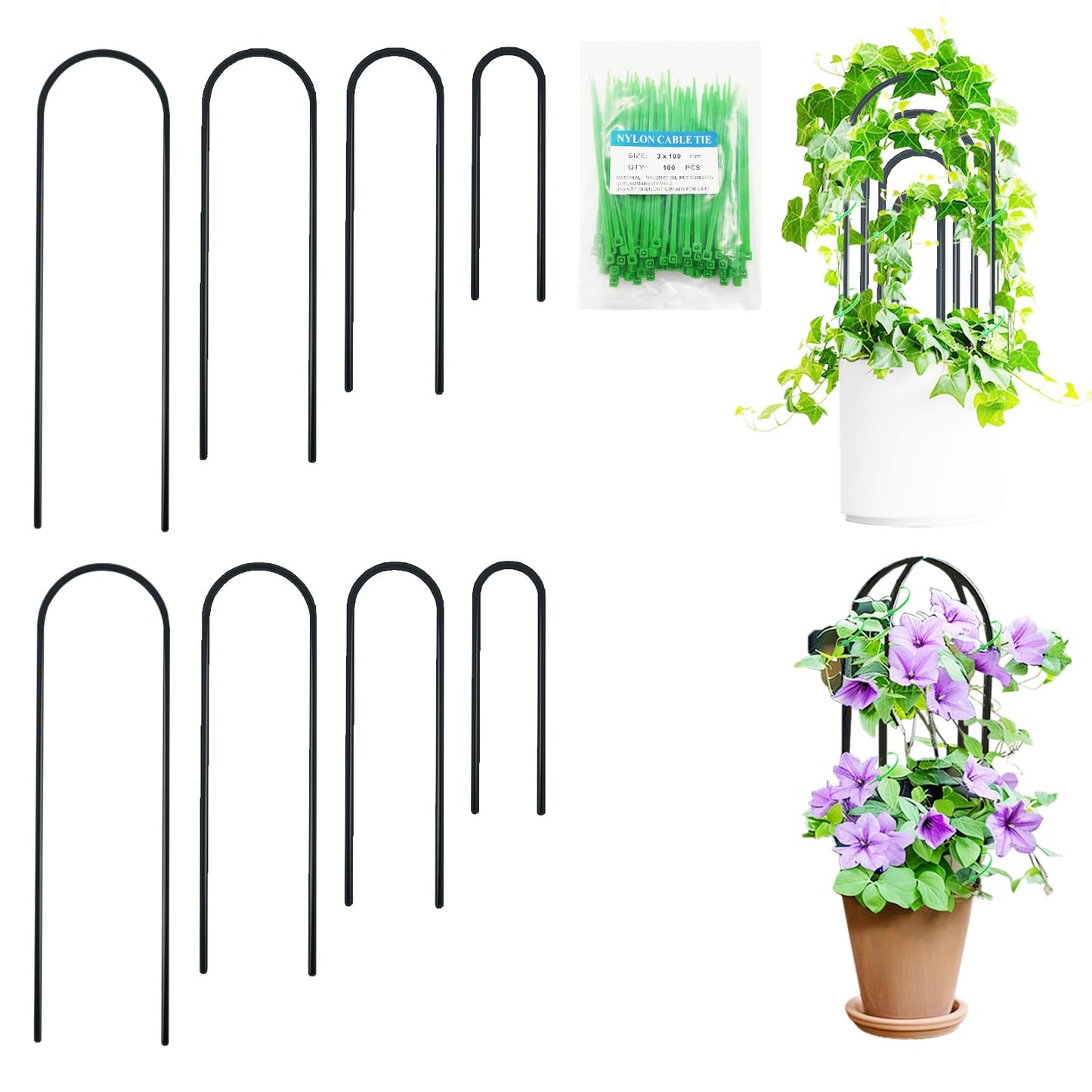 SNAIL GARDEN 8 Pcs Small Trellis for Indoor Plants with 100Pcs Green Cable Zip Ties,4 Sizes Indoor Plant Trellis for Climbing Plants, U-Shaped House Plant Trellis for Potted Plants Hoya Ivy, Jasmine