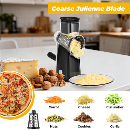 Vihoom Rotary Cheese Grater, 5 in 1 Interchangeable Blades Cheese Shredder, Mandoline Slicer for Kitchen with Cleaning Brush & Bonus Storage Box for Blades (Black)